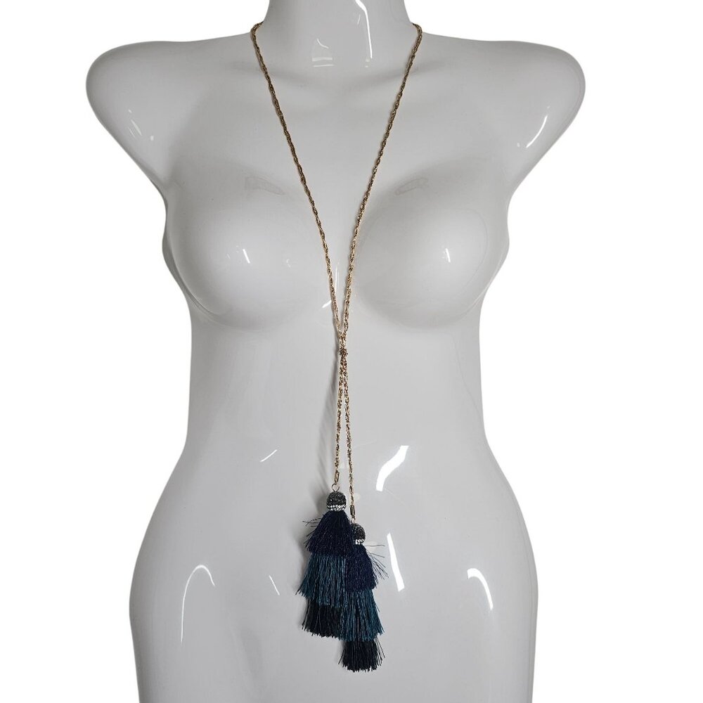 Neiman Marcus Gold-Tone Rope Chain Necklace‎ W/ Blue & Black Tassels 19"